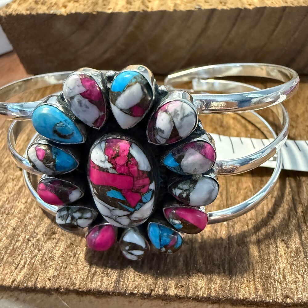 Cotton Candy Turquoise Dahlia Stone Sterling Silver Cuff - Picture 5 of 5
